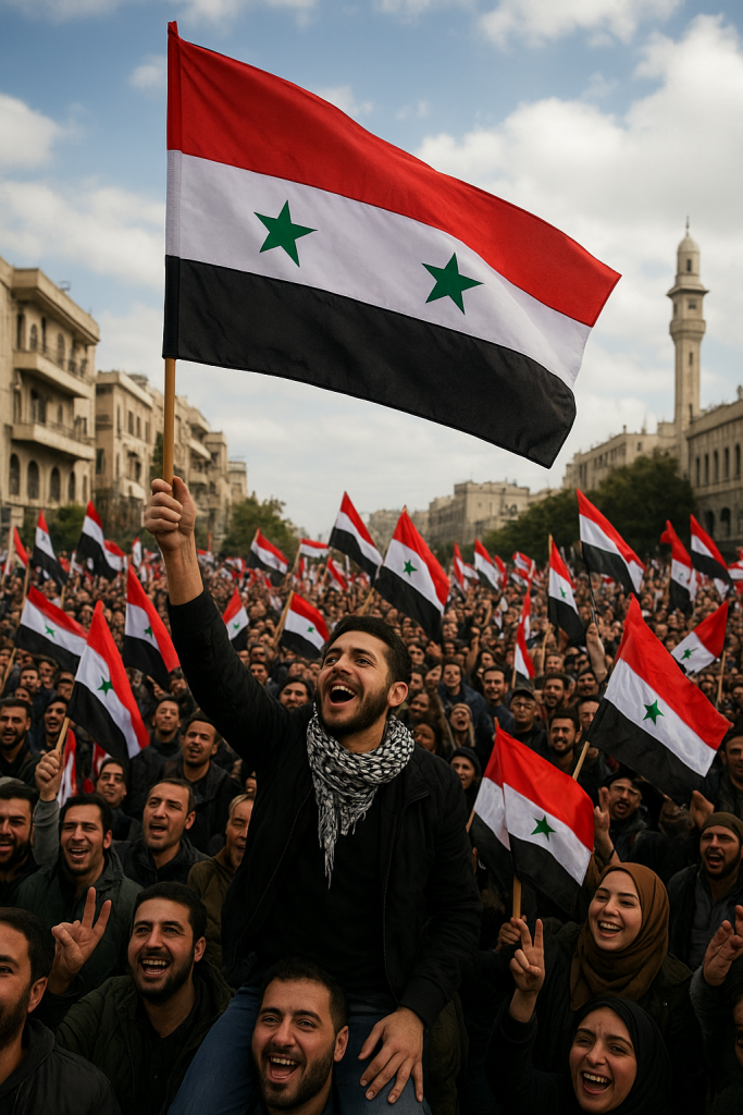 Syrians Mark One Year Since Damascus Power Shift With Massive Flag-Waving Celebration