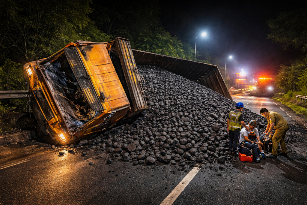 Coal-Laden Trailer Overturns in Rajganj, Bandhunagar; Driver Injured
